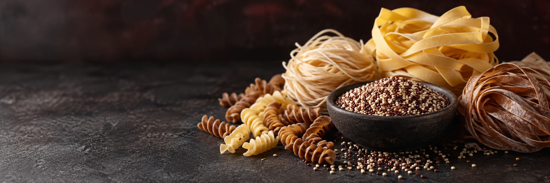 Plain noodles, egg noodles, pasta, whole wheat pasta and quinoa illustrating whole wheat pasta ingredient context.