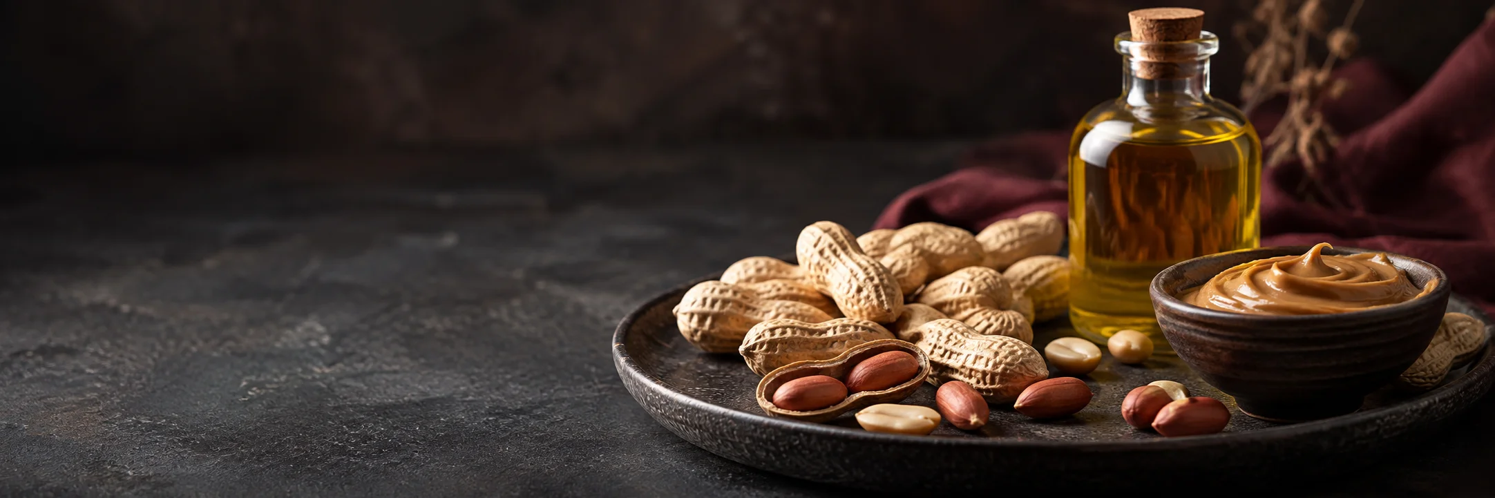 Whole and shelled peanuts, a dish of peanut butter and an unmarked bottle of golden oil illustrating Blair 2017 peanut crop study research context.