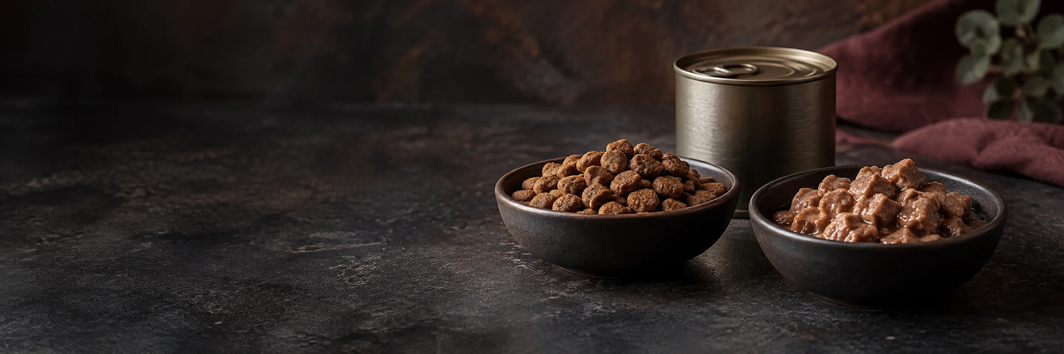 Separate dishes of brown dry pet-food kibble and moist cooked pet-food chunks beside an unmarked container illustrating pet food fish marine protein product-format context.