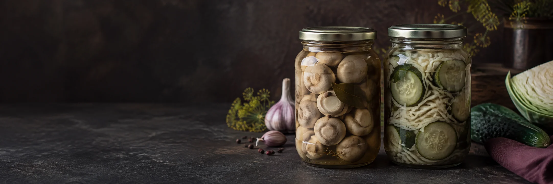 Separate unmarked jars of mushrooms and cucumber/cabbage pieces in pale brine illustrating pickled fermented vegetables product-format context.