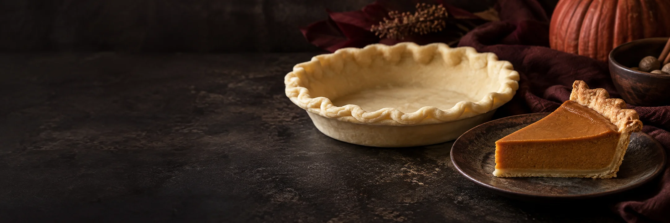 An unfilled pastry pie shell and a separate slice of pumpkin pie illustrating pie crust ingredient context.