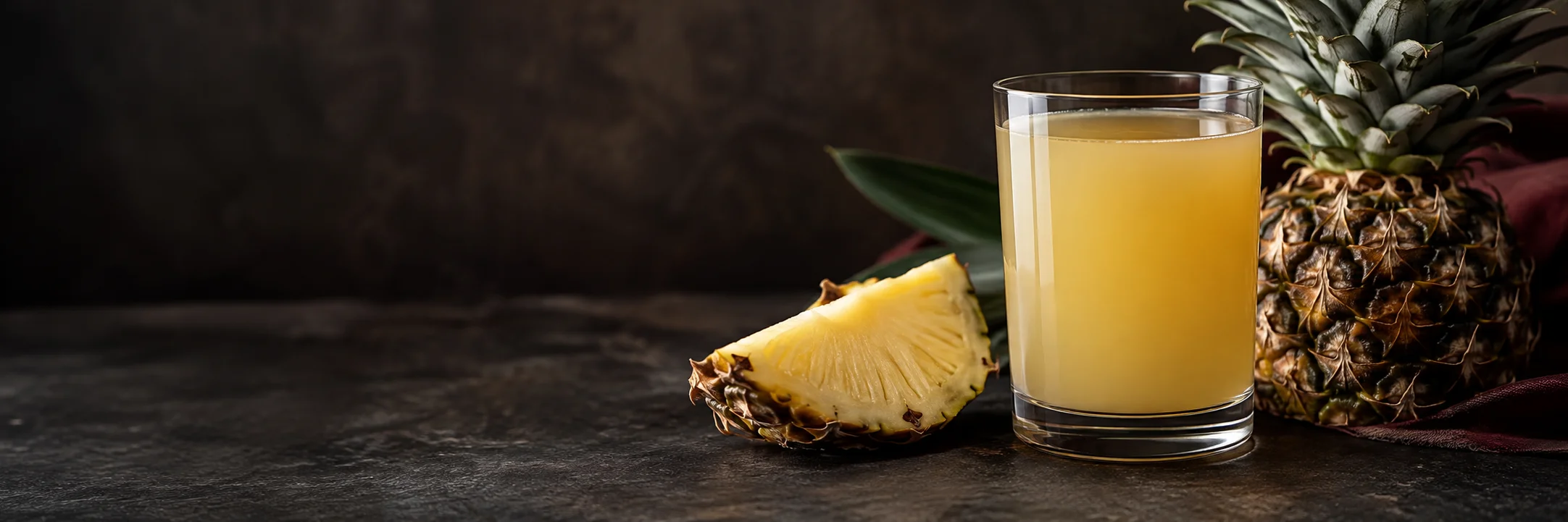 A glass of pale golden juice beside cut pineapple and textured pineapple skin illustrating pineapple juice ingredient context.