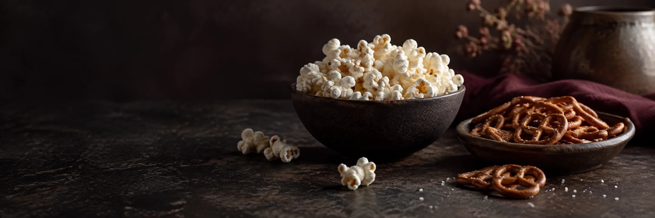 Separate dishes of plain popped popcorn and small twisted pretzels illustrating popcorn ingredient context.