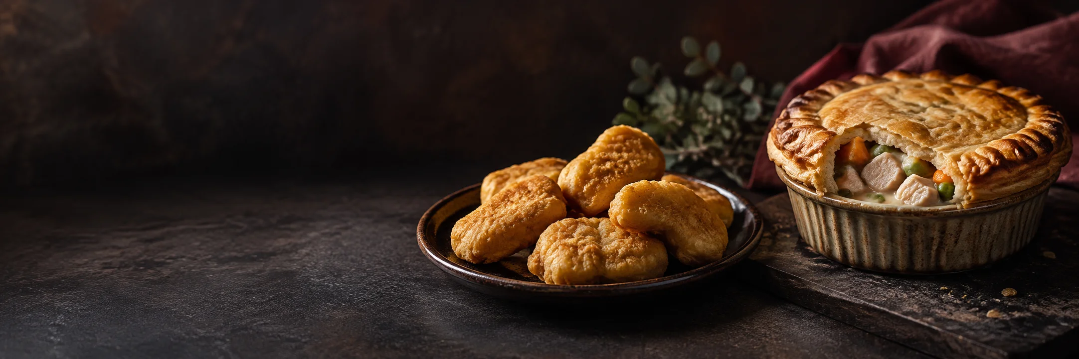 Golden chicken nuggets and a cut chicken potpie showing pale filling and vegetables illustrating chicken nuggets ingredient context.