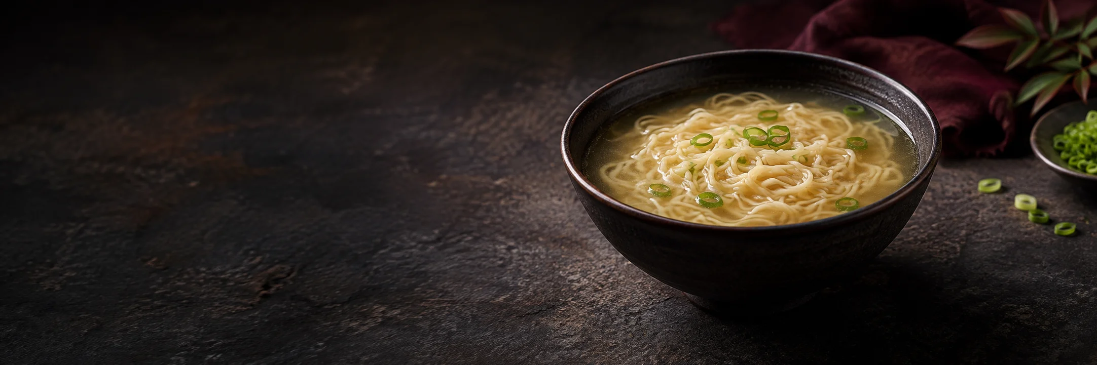 A bowl of pale broth with thin wavy ramen noodles and scallion slices illustrating ramen soup ingredient context.