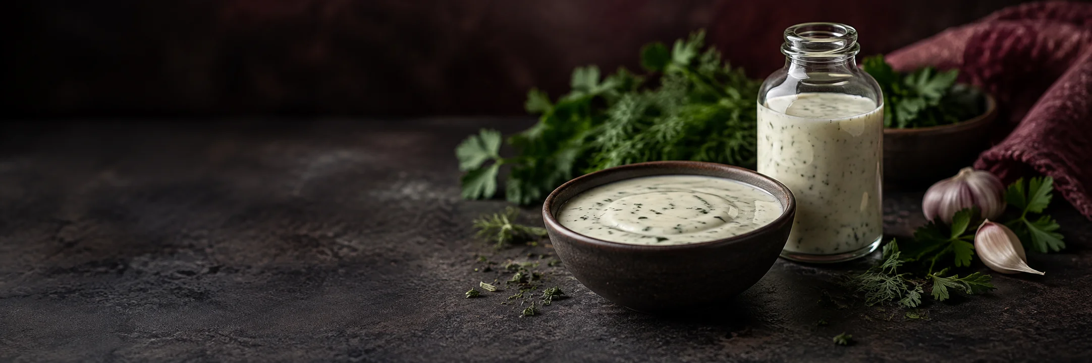 An unmarked bottle and dish of pale creamy dressing with fine herb flecks illustrating ranch dressing ingredient context.