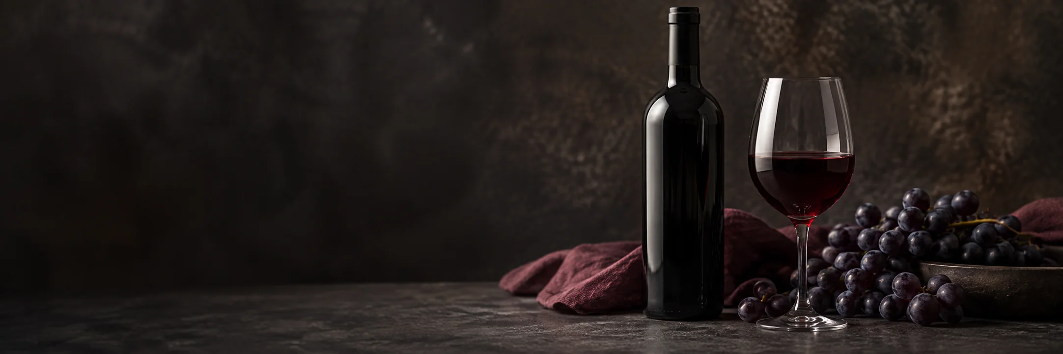 An unmarked dark bottle and a stemmed glass of burgundy wine beside dark grapes illustrating red wine ingredient context.