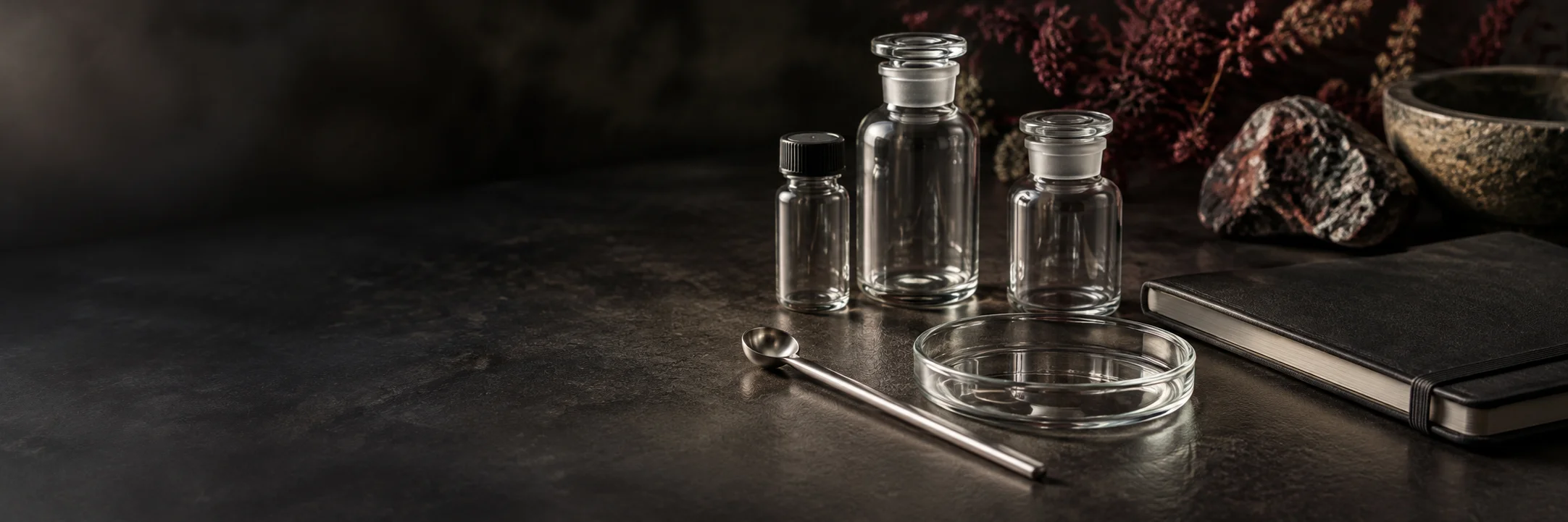Unmarked glass laboratory vessels, a closed notebook, sampling spoon and empty specimen dish illustrating California 2022 foundry complaint source research context.