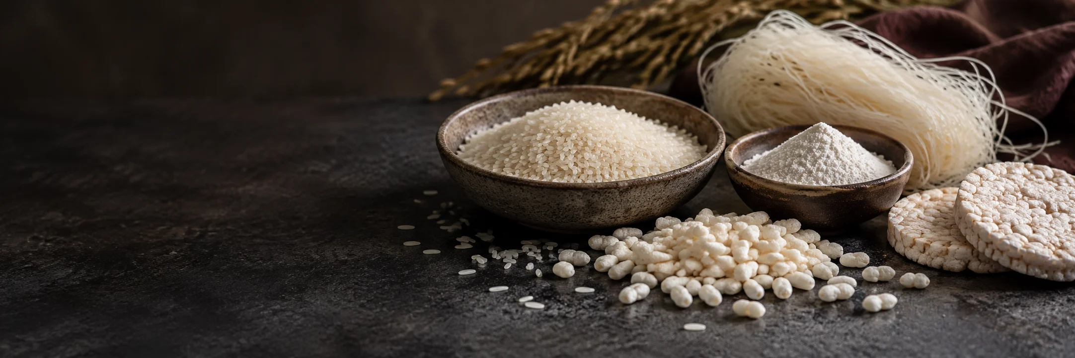 Rice grain, rice flour, rice noodles, puffed rice and rice cakes illustrating Bolan 2017 rice and botanical speciation research context.