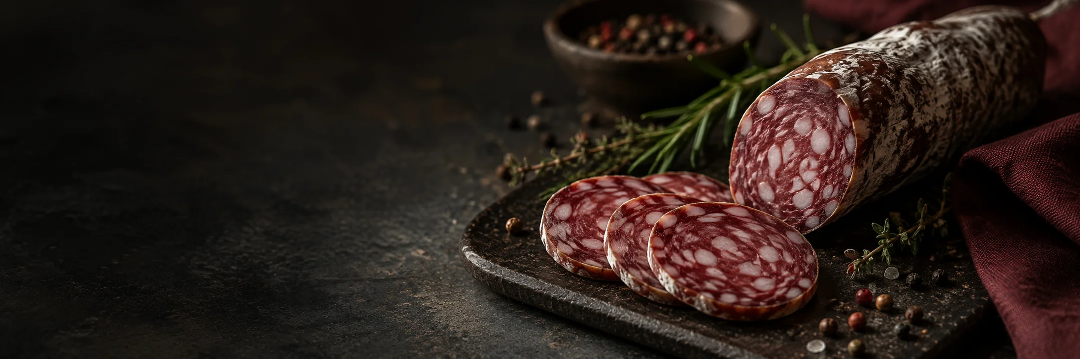 An unwrapped salami cylinder and round slices with pale fat speckling illustrating salami ingredient context.