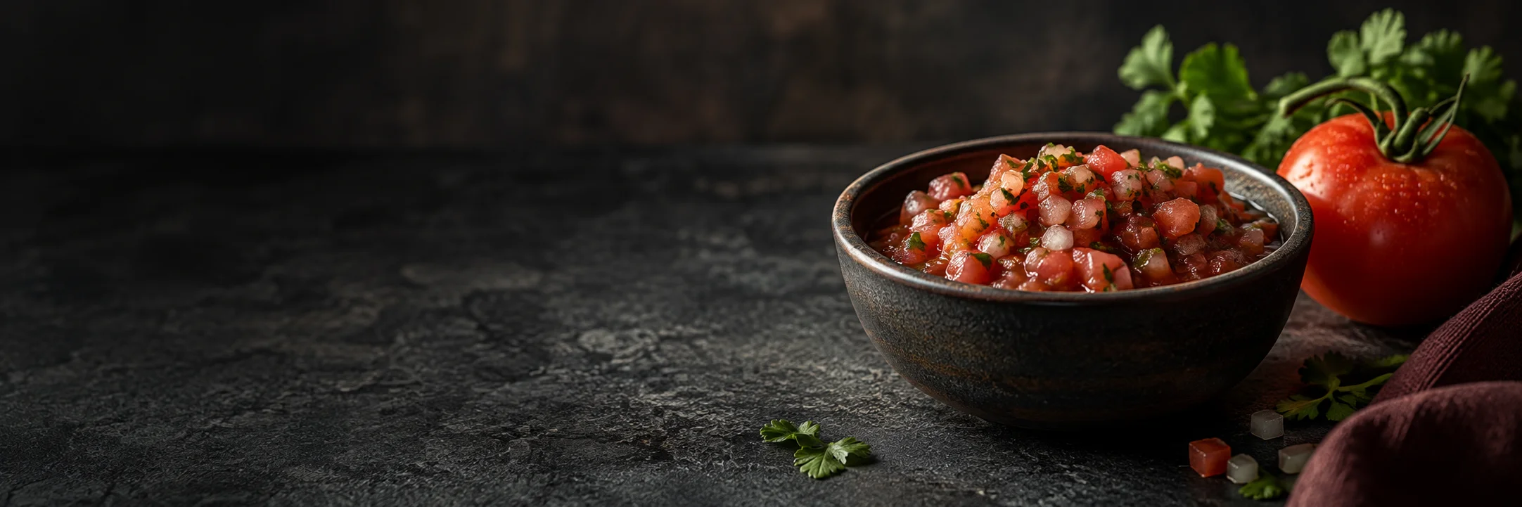 Chunky red tomato salsa with visible tomato, onion and green herb pieces illustrating salsa ingredient context.