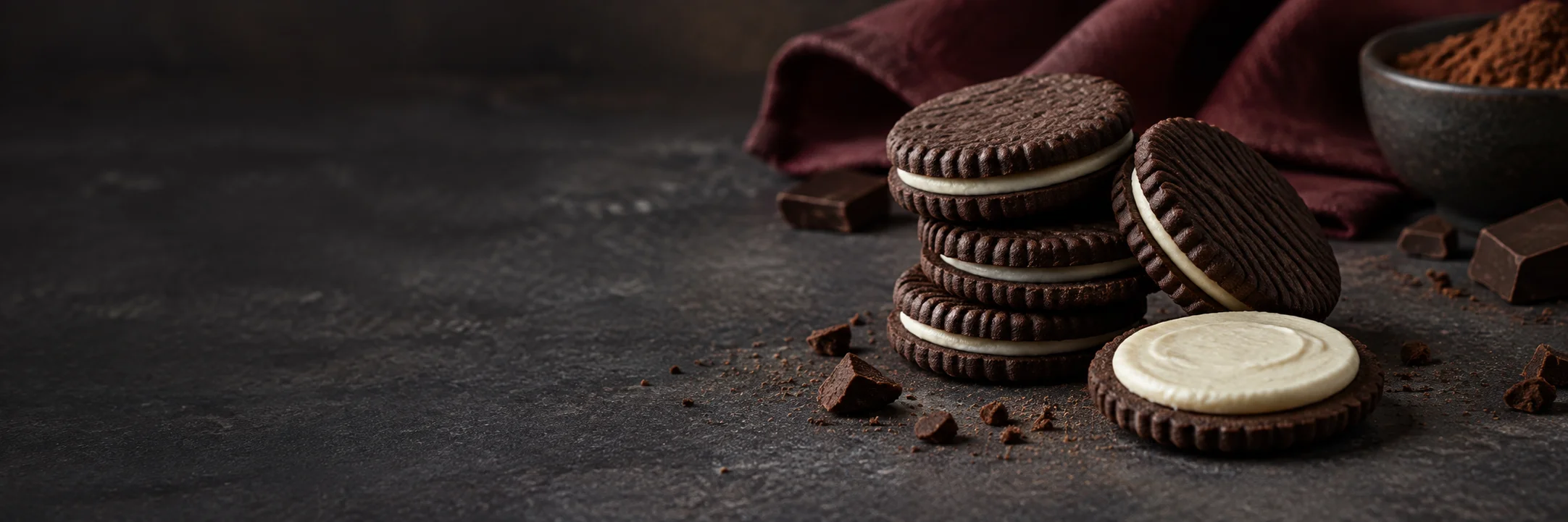 Dark round sandwich cookies with pale cream filling illustrating sandwich cookies ingredient context.
