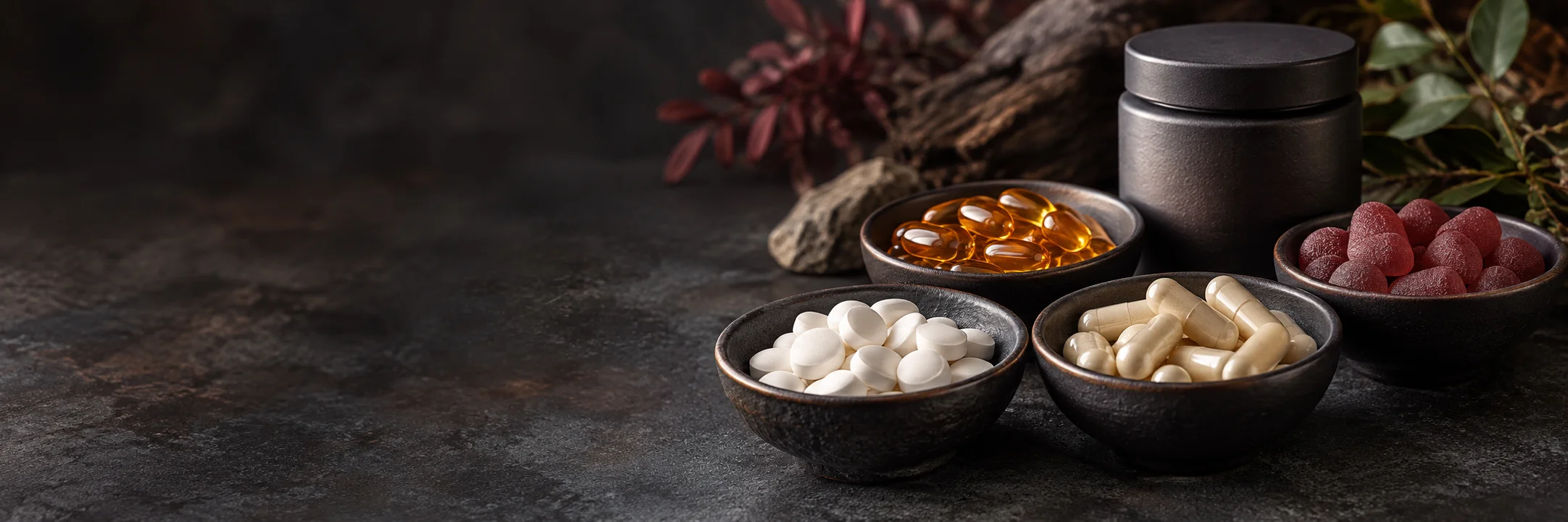 Separate dishes of plain white tablets, pale capsules, amber softgels and red gummy pieces beside an unmarked container illustrating al dhabi2013 spirulina products metals research context.