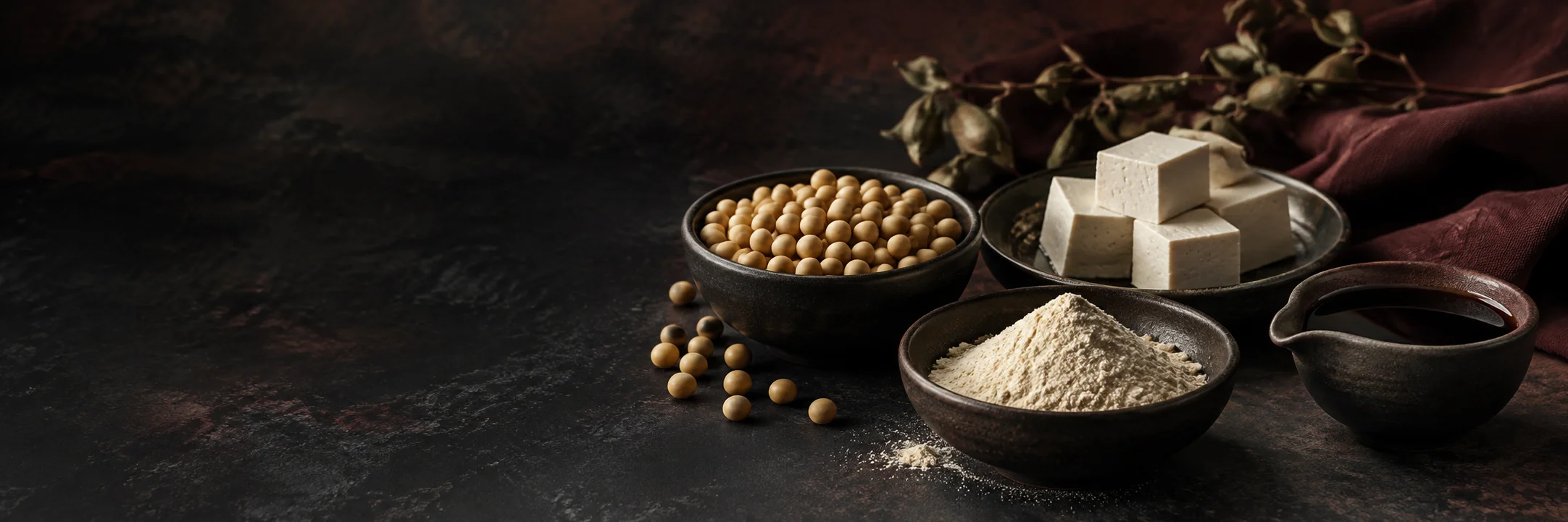 Separate dishes of soybeans, tofu cubes, pale powder and dark soy sauce illustrating soy sauce fermented product-format context.