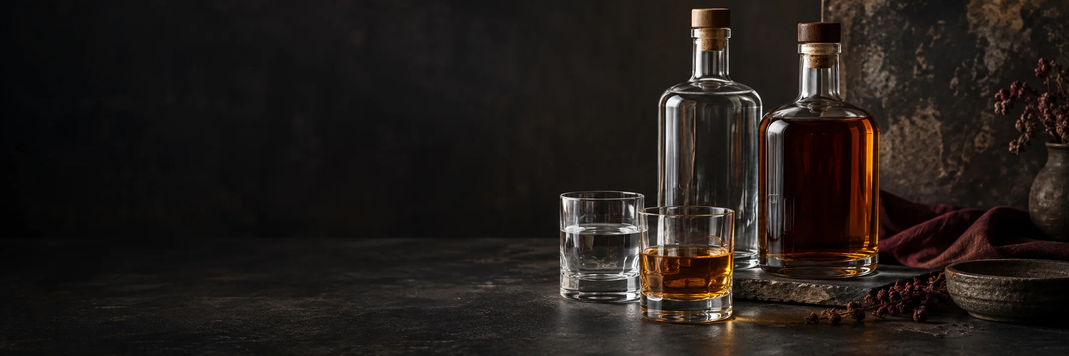 Separate glasses of clear and amber liquids beside plain unmarked bottles illustrating vodka ingredient context.