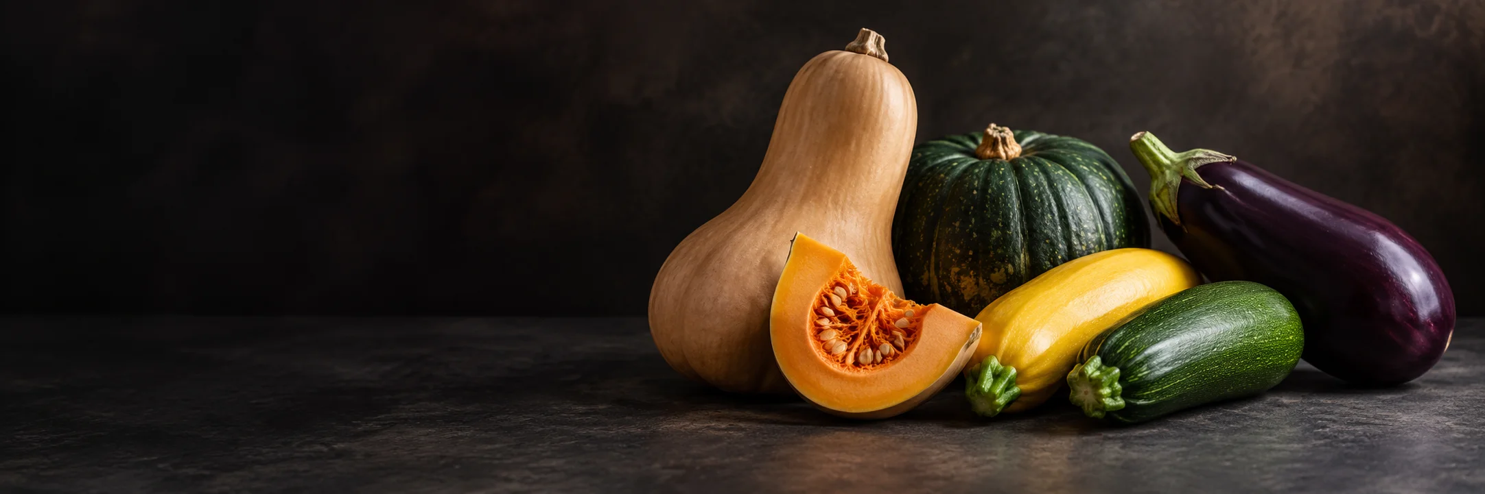 Butternut and winter squash, summer squash, zucchini and eggplant illustrating zucchini ingredient context.