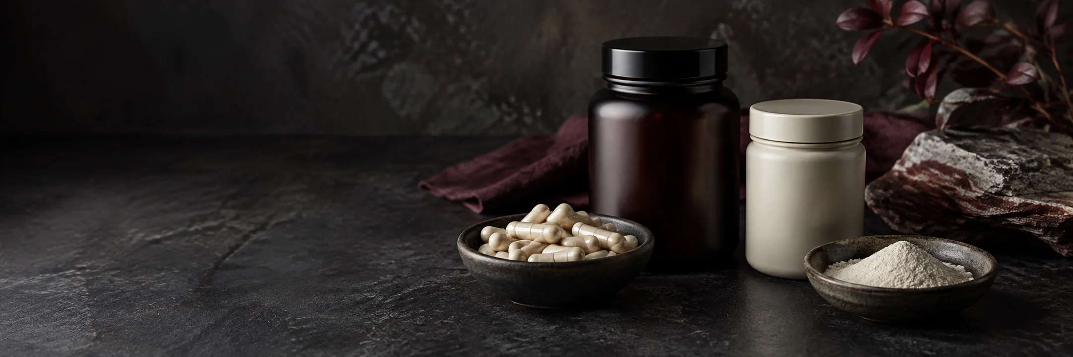 Unmarked containers, pale capsules and a separate dish of fine off-white powder illustrating sarms oral product-format context.