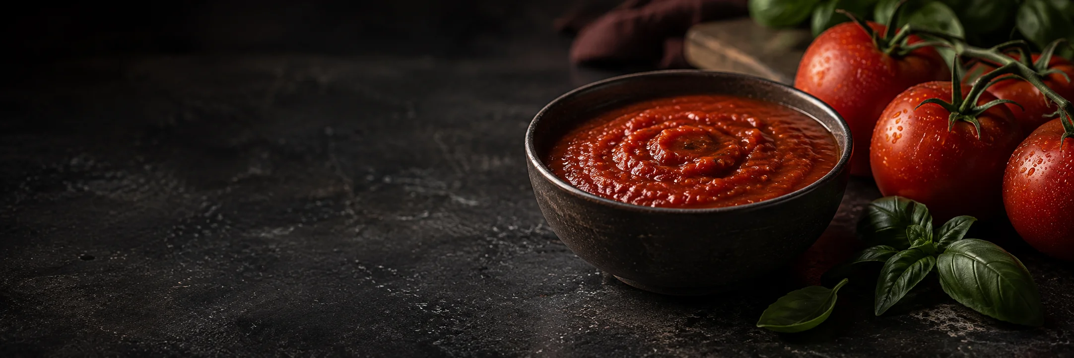 Red tomato sauce in a dark ceramic bowl beside tomatoes and basil illustrating tomato sauce ingredient context.