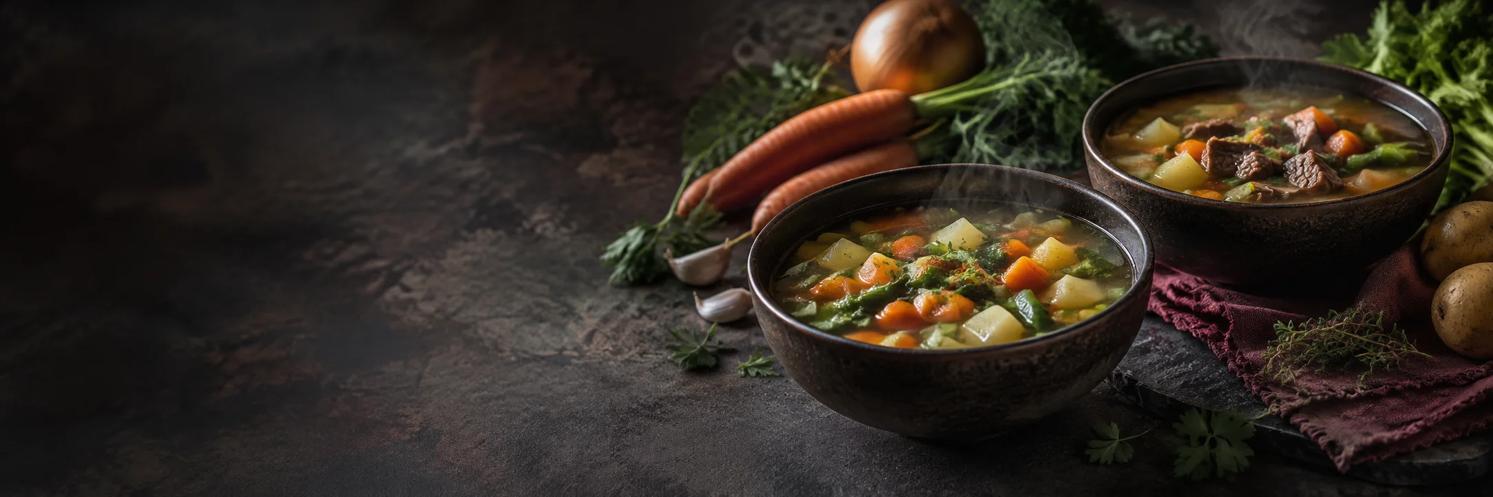 Separate bowls of vegetable soup and vegetable-beef soup with visible vegetable and meat pieces illustrating vegetable soup ingredient context.
