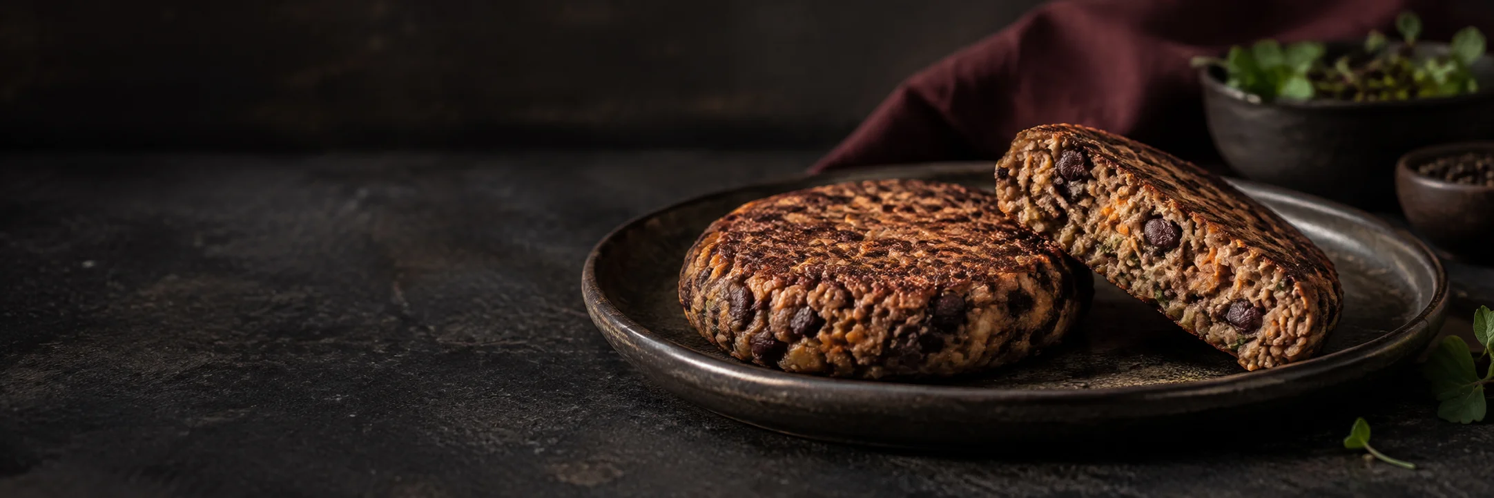 A vegetable-burger patty and a cut patty showing coarse bean-and-vegetable texture illustrating plant based meat alternatives product-format context.