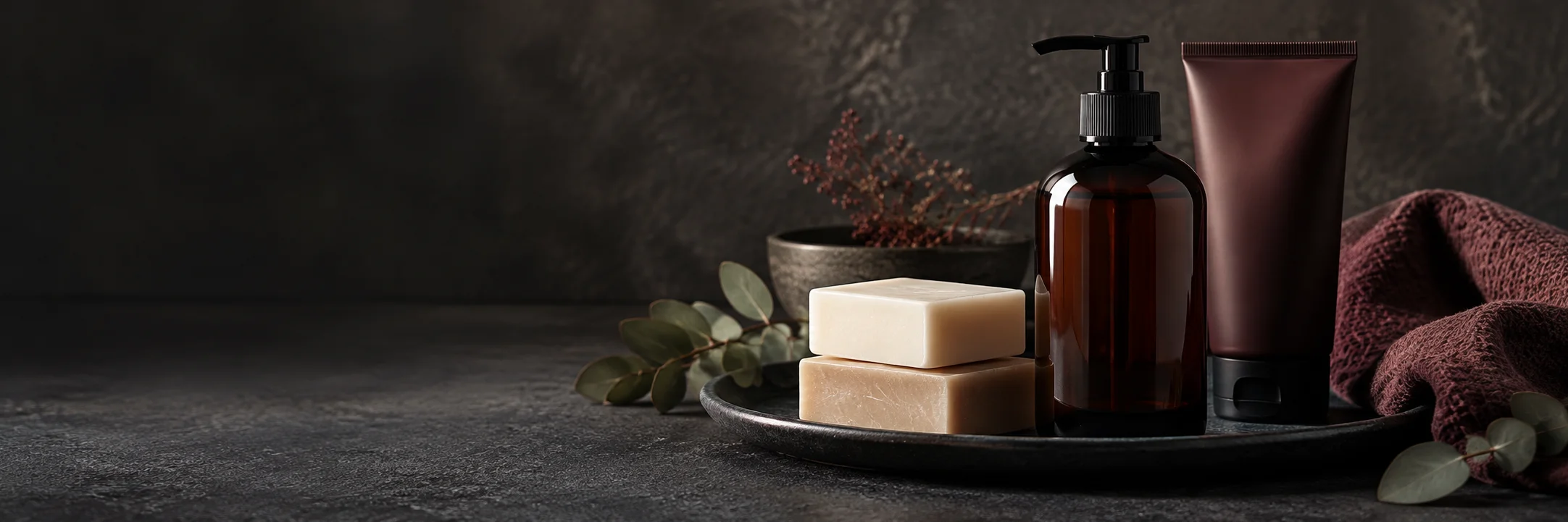 Plain soap bars beside an unmarked pump bottle and closed squeeze bottle illustrating bar bath soap product-format context.
