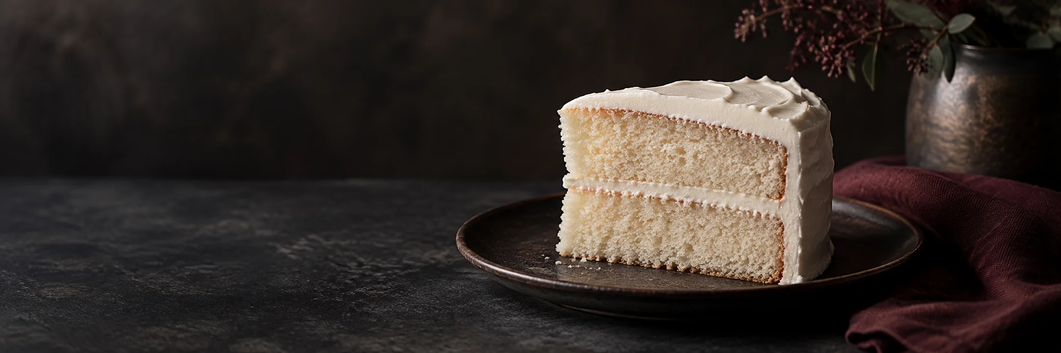 A slice of white sponge cake with thin white frosting and pale fine crumb illustrating white cake ingredient context.