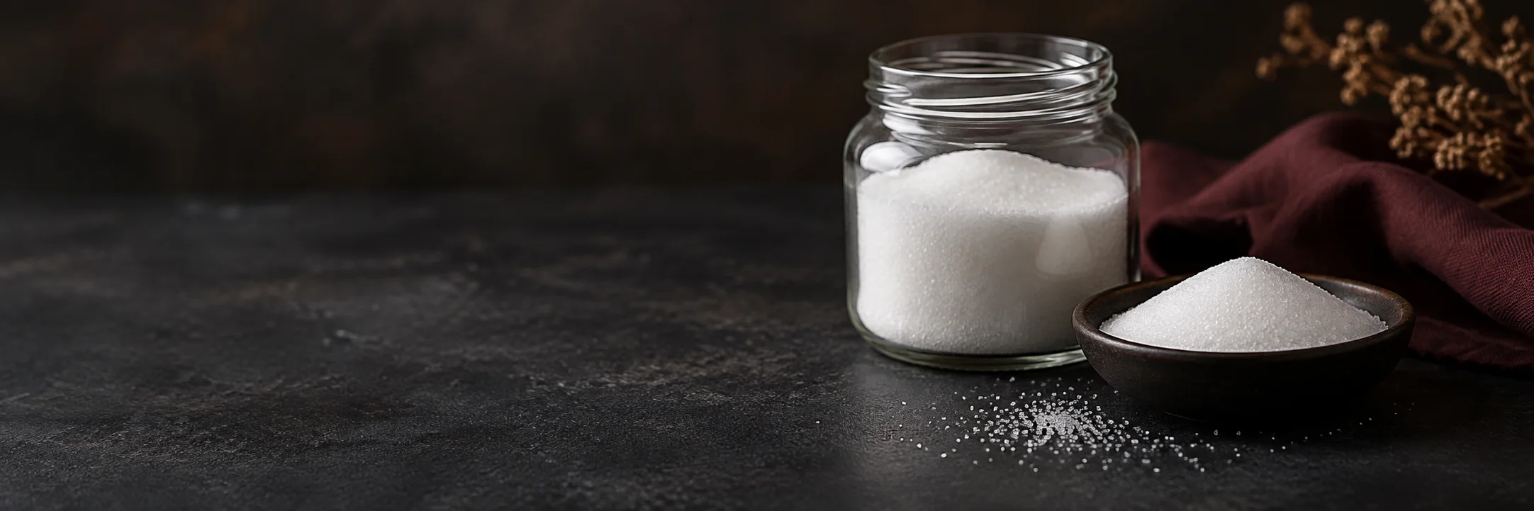 Fine white granulated sugar in an unmarked jar and dark ceramic dish illustrating refined sugar product-format context.