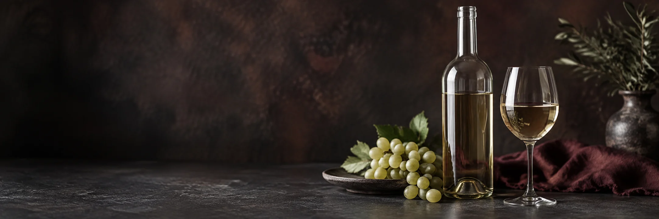 An unmarked bottle and a stemmed glass of pale straw-colored wine beside green grapes illustrating Bora 2015 white-wine vineyard study research context.